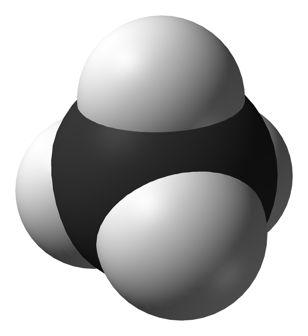 Three-dimensional model of a methane molecule.