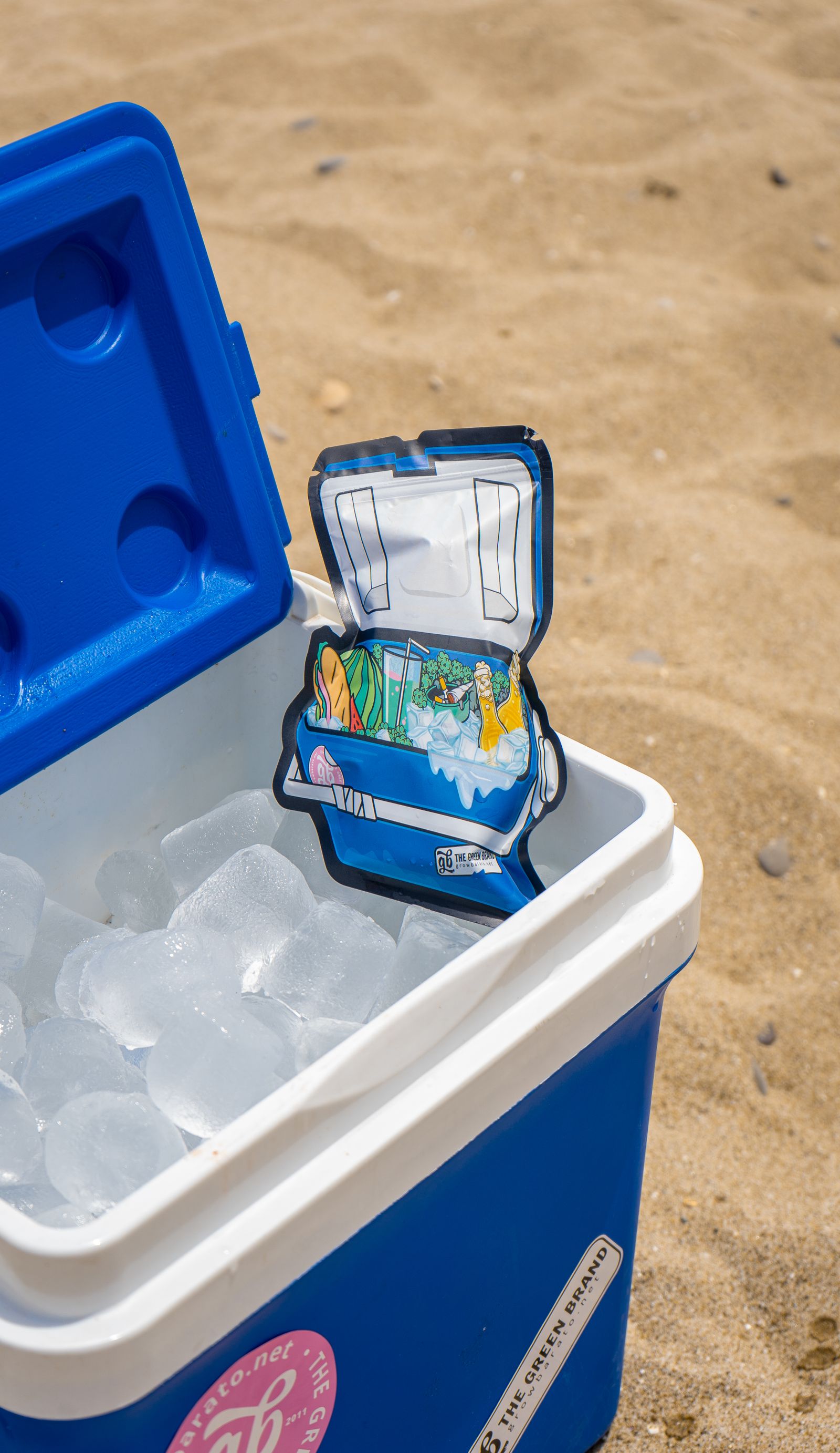 An open blue cooler with ice on a beach