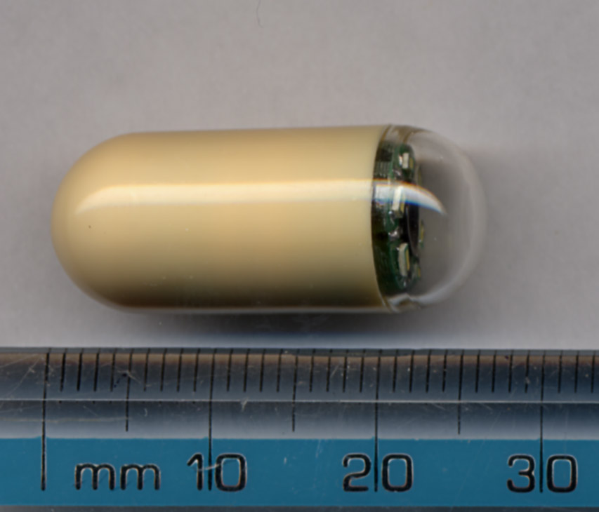 An earlier endoscopy capsule beside a ruler.