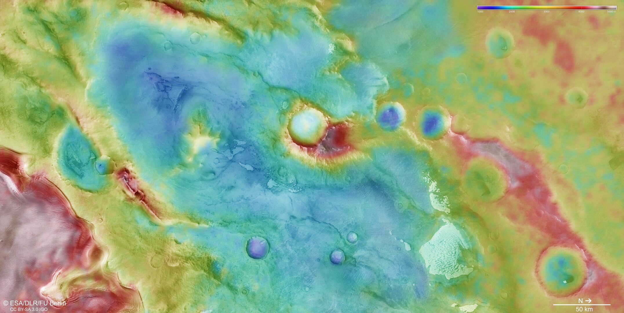 Topografska karta strmih padina oblasti Thyles Rupes na Marsu.