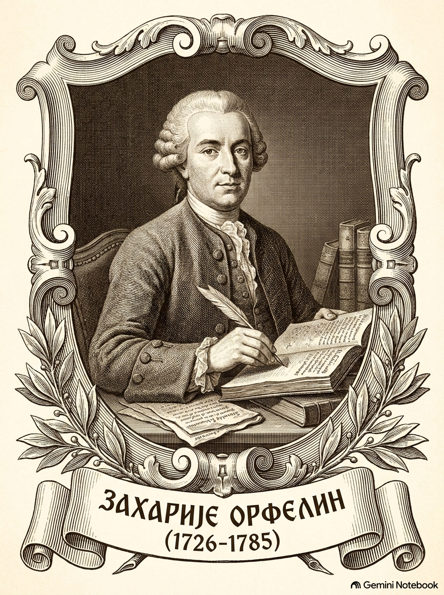 Portret Zaharija Orfelina (1726–1785), srpskog prosvetitelja koji je u delu „Vječni kalendar“ prvi na narodnom jeziku detaljno opisao Kopernikov heliocentrični sistem.