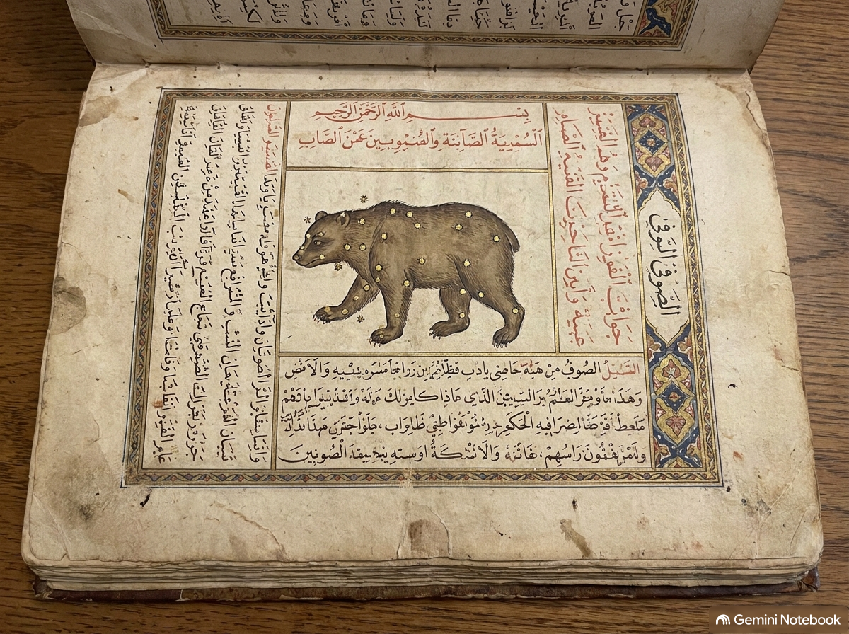 Stranica iz al-Sufijevog rukopisa „Knjiga o zvezdama stajalicama“ (964. god.) sa ilustracijom sazvežđa i prvim istorijskim prikazom galaksije Andromeda.