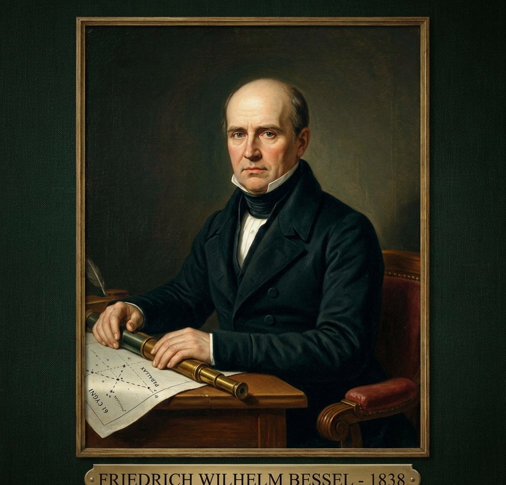 Fridrih Vilhelm Besel (1784–1846), nemački astronom i matematičar koji je 1838. prvi izmerio udaljenost do jedne zvezde (61 Cigni) pomoću paralakse. Stilizovani prikaz iz dostavljenog dokumenta; nije potvrđena istorijska fotografija.