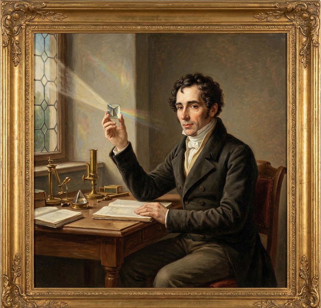 Jozef fon Fraunhofer (1787–1826), nemački optičar i fizičar koji je prvi otkrio i kartografisao tamne apsorpcione linije u Sunčevom spektru. Stilizovani prikaz iz dostavljenog dokumenta; nije potvrđena istorijska fotografija.