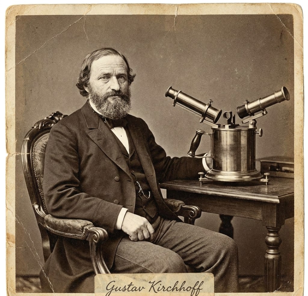 Gustav Kirhof (1824–1887), nemački fizičar koji je formulisao zakone spektralne analize i objasnio poreklo Fraunhoferovih linija. Stilizovani prikaz iz dostavljenog dokumenta; nije potvrđena istorijska fotografija.