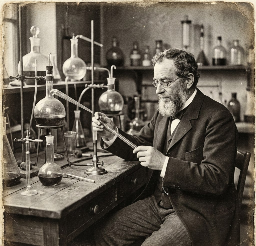 Robert Bunsen (1811–1899), čuveni nemački hemičar (pronalazač Bunsenovog gorionika) koji je zajedno sa Kirhofom stvorio spektralnu analizu. Stilizovani prikaz iz dostavljenog dokumenta; nije potvrđena istorijska fotografija.