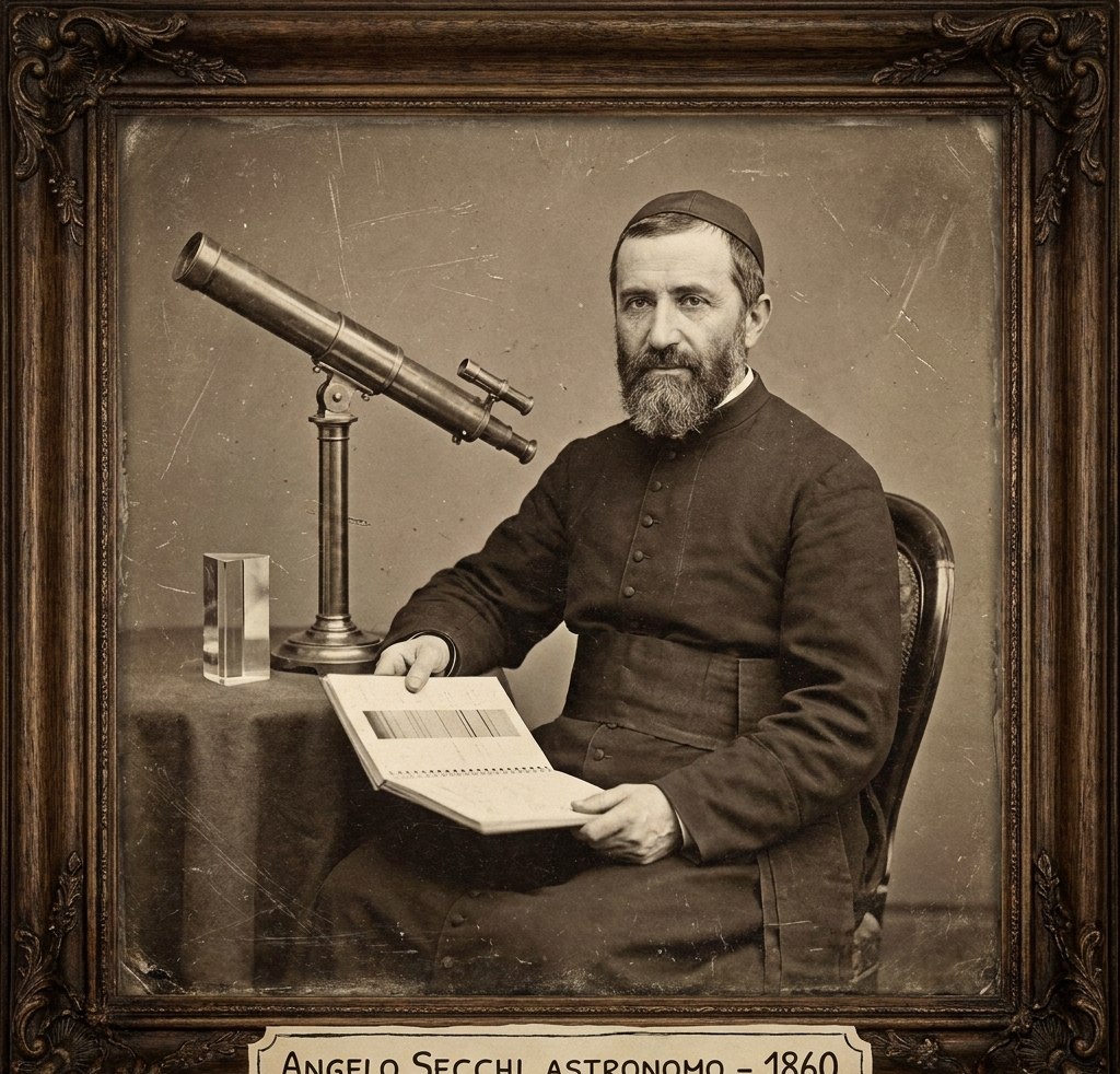 Otac Anđelo Seki (1818–1878), italijanski astronom i jezuita koji je prvi napravio spektralnu klasifikaciju zvezda. Stilizovani prikaz iz dostavljenog dokumenta; nije potvrđena istorijska fotografija.