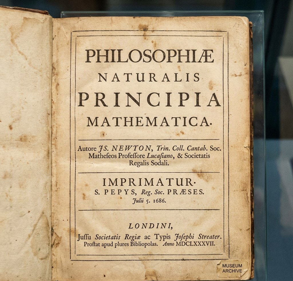 Naslovna strana Njutnovog remek-dela „Principia Mathematica“ iz 1687. godine, knjige koja je postavila temelje moderne fizike i nebeske mehanike. Stilizovani prikaz iz dostavljenog dokumenta; nije potvrđena istorijska fotografija.