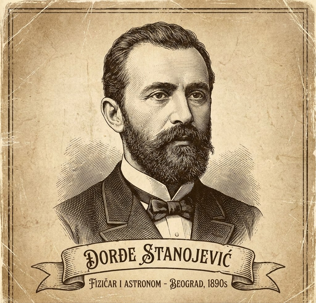 Profesor Đorđe Stanojević (1858–1921), prvi srpski astrofizičar, pionir naučne fotografije i elektrifikacije Srbije, autor knjige „Zvezdano nebo nezavisne Srbije“. Stilizovani prikaz iz dostavljenog dokumenta; nije potvrđena istorijska fotografija.