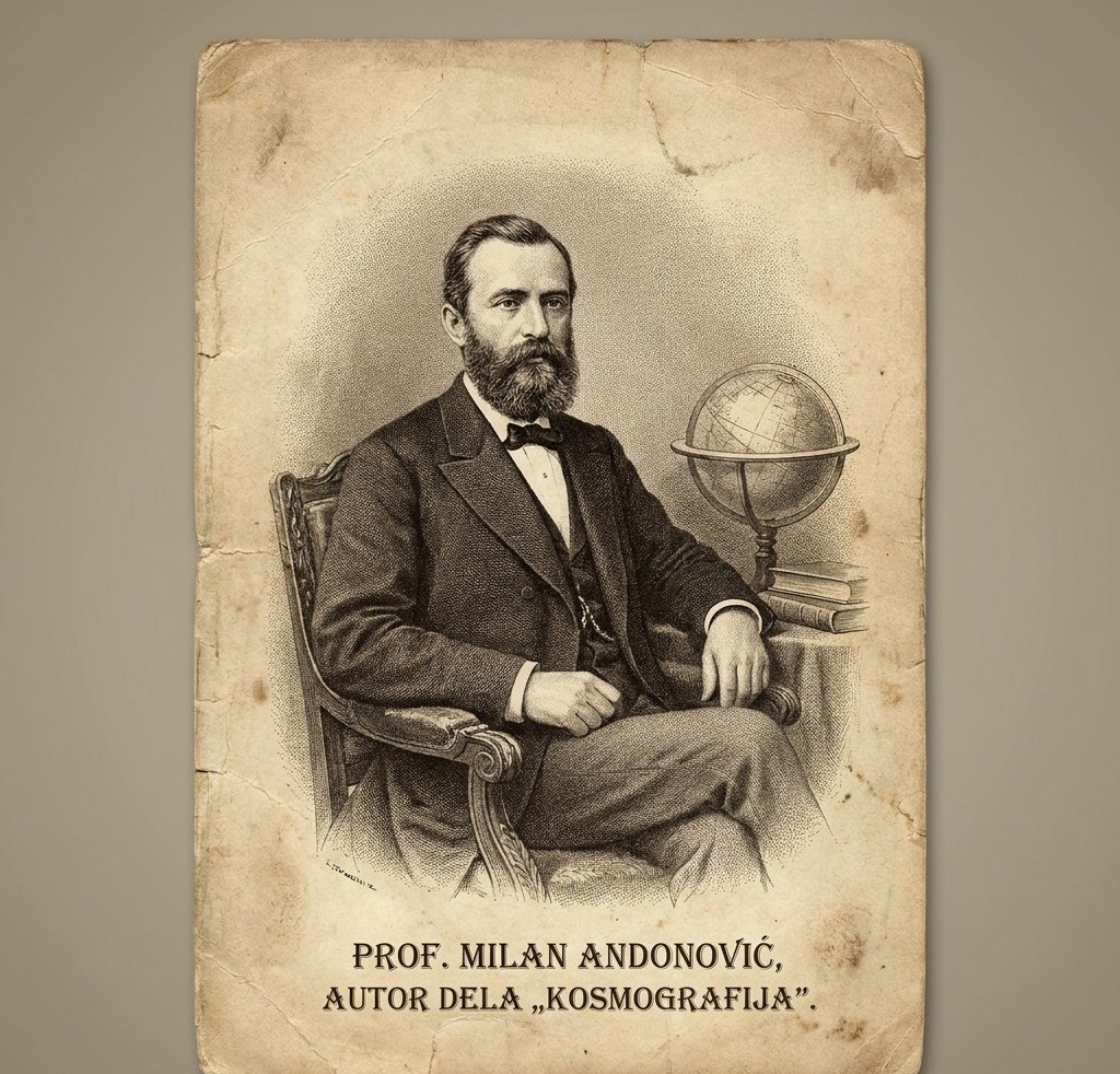 Profesor Milan Andonović (1849–1926), srpski geodeta i astronom, autor monumentalnog udžbenika „Kosmografija“ iz 1888. godine. Stilizovani prikaz iz dostavljenog dokumenta; nije potvrđena istorijska fotografija.