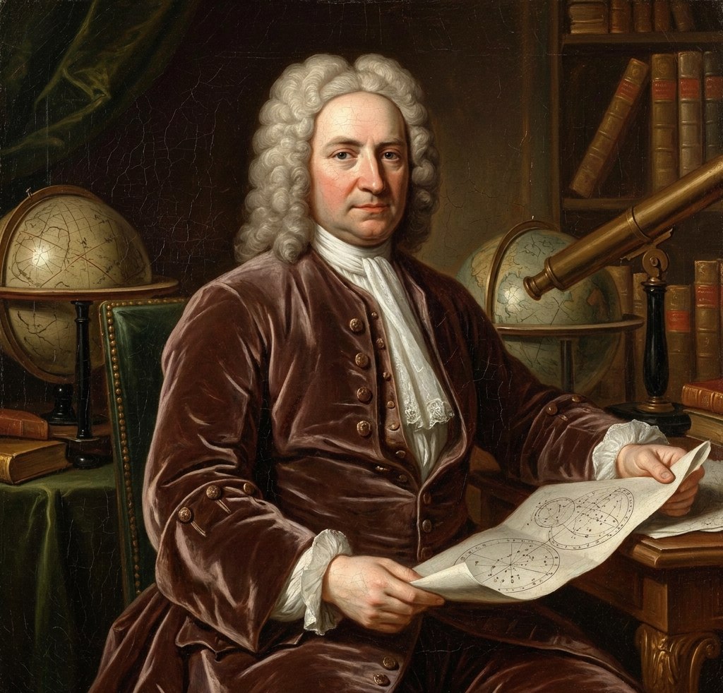 Edmond Halej (1656–1742), engleski astronom i matematičar koji je dokazao da su komete članovi Sunčevog sistema sa periodičnim orbitama. Stilizovani prikaz iz dostavljenog dokumenta; nije potvrđena istorijska fotografija.