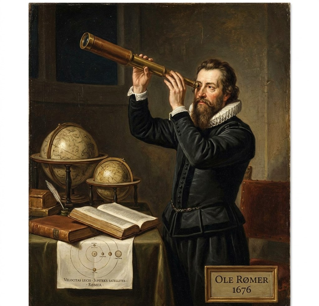 Ole Remer (1644–1710), danski astronom koji je prvi u istoriji dokazao da svetlost ima konačnu brzinu i izmerio njenu vrednost posmatrajući Jupiterove satelite. Stilizovani prikaz iz dostavljenog dokumenta; nije potvrđena istorijska fotografija.