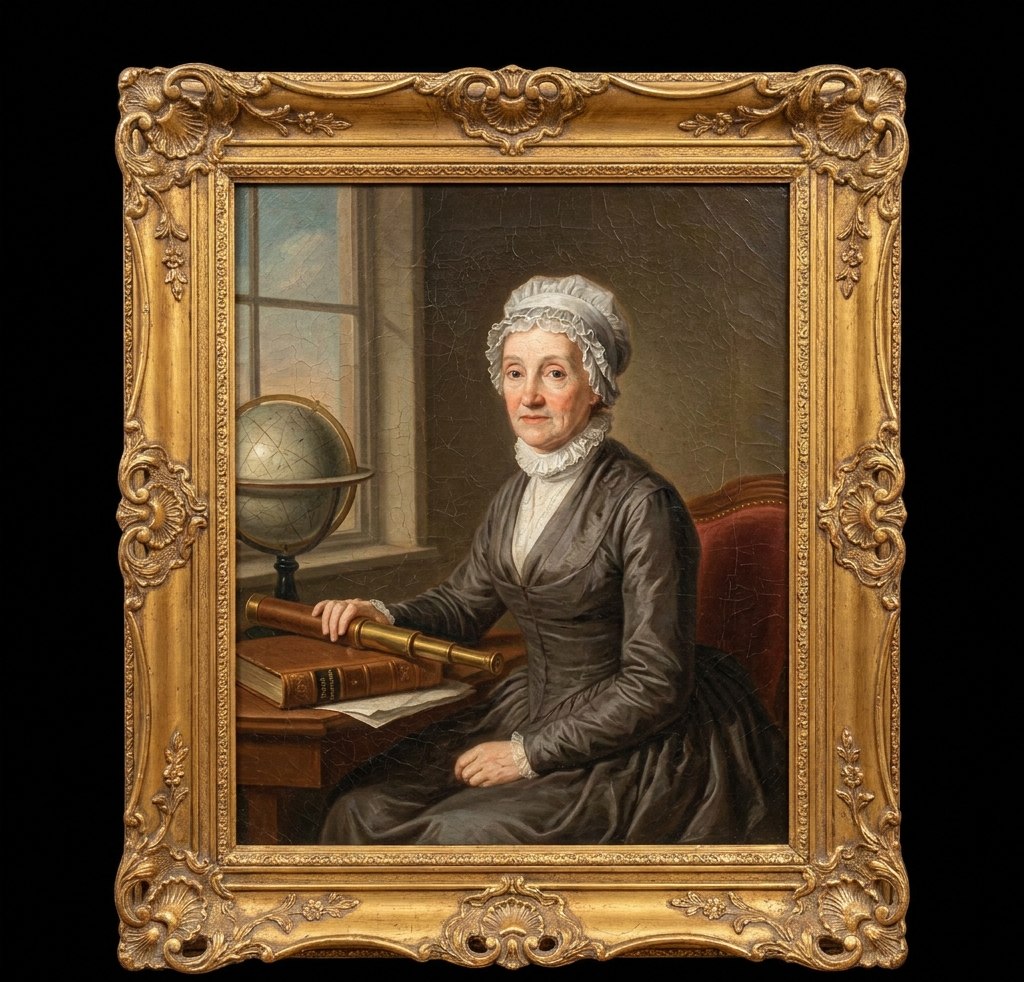 Karolina Heršel (1750–1848), prva žena u istoriji koja je dobila zvaničnu kraljevsku platu za rad u astronomiji, pronalazač 8 kometa i koautorka zvezdanih kataloga. Stilizovani prikaz iz dostavljenog dokumenta; nije potvrđena istorijska fotografija.