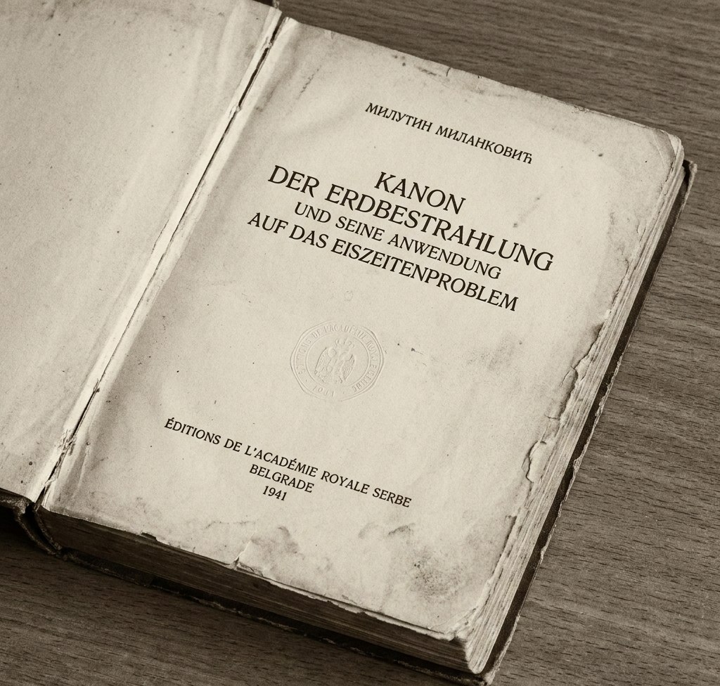 Naslovna strana Milankovićevog životnog dela 'Kanon osunčavanja Zemlje' (Kanon der Bestrahlung der Erde), objavljenog u Beogradu 1941. Stilizovana ilustracija iz dostavljenog dokumenta; nije potvrđena istorijska fotografija.