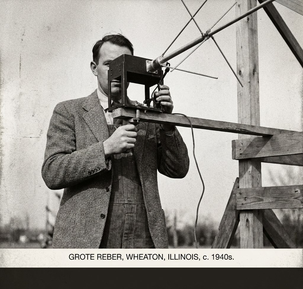 Grote Reber (1911–2002), pionir koji je samostalno izradio prvi parabolični radio-teleskop. Stilizovana ilustracija iz dostavljenog dokumenta; nije potvrđena istorijska fotografija.