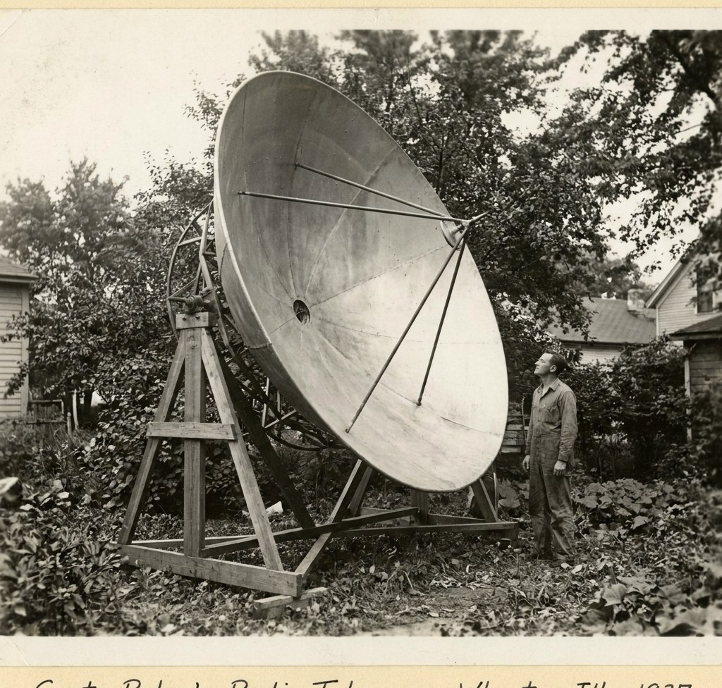 Prvi parabolični radio-teleskop prečnika 9 metara koji je Grote Reber napravio u svom dvorištu 1937. godine. Stilizovana ilustracija iz dostavljenog dokumenta; nije potvrđena istorijska fotografija.