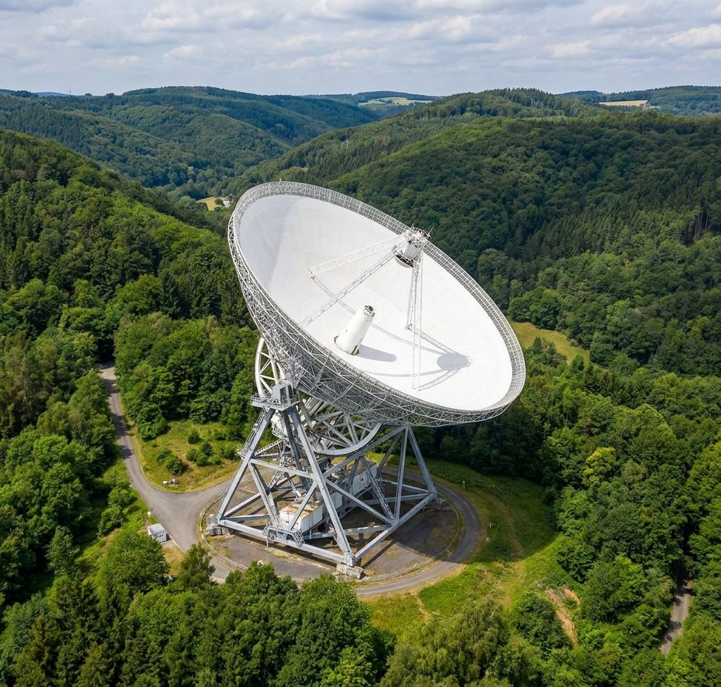 Gigantski nemački radio-teleskop Efelsberg prečnika 100 metara. Stilizovana ilustracija iz dostavljenog dokumenta; nije potvrđena istorijska fotografija.