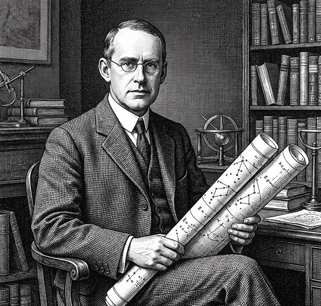 Ser Artur Edington (1882–1944), vodeći britanski astrofizičar koji je prepoznao značaj Opšte relativnosti i organizovao istorijsku ekspediciju 1919. Stilizovana ilustracija iz dostavljenog dokumenta; nije potvrđena istorijska fotografija.