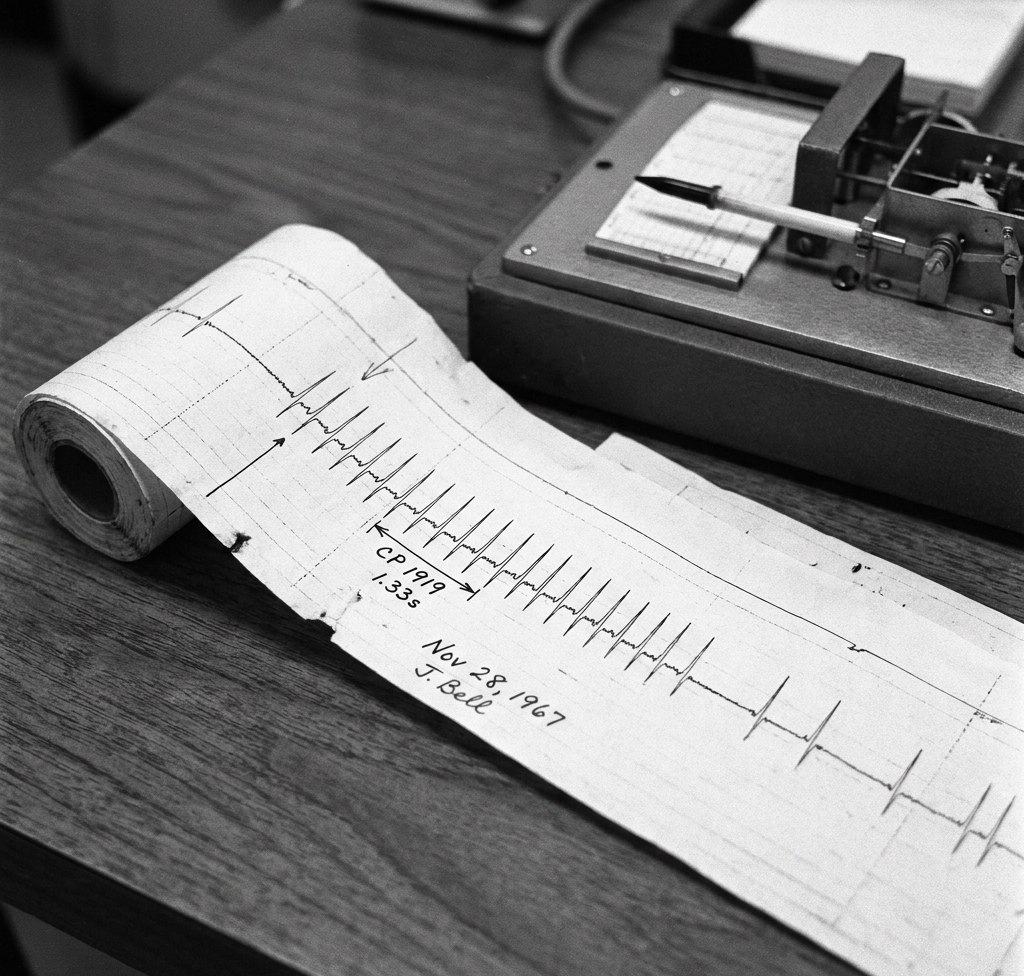 Istorijski papirni zapis na kome je Džoselin Bel zabeležila signal čija je pravilna pulsacija utvrđena naknadnom proverom zvezdanog signala CP 1919. Stilizovana ilustracija iz dostavljenog dokumenta; nije potvrđena istorijska fotografija.