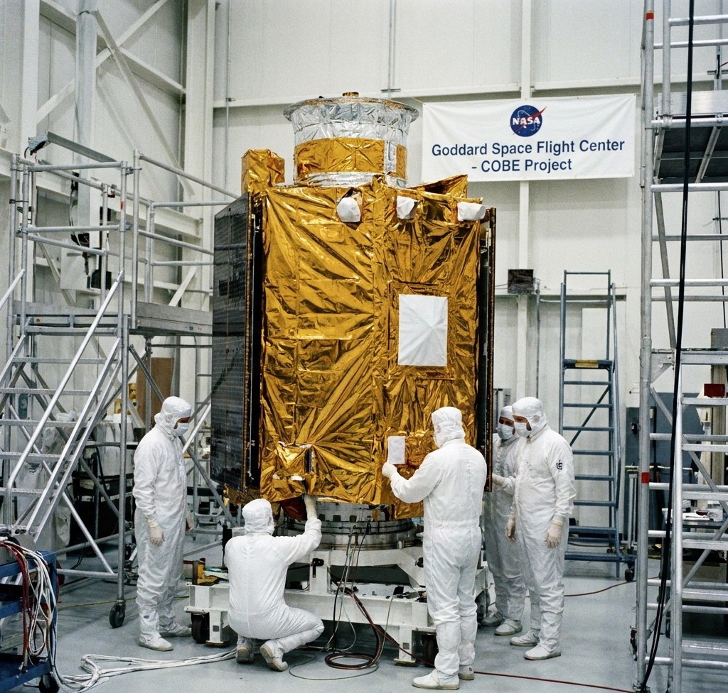 NASA satelit COBE (Cosmic Background Explorer) lansiran u orbitu 1989. godine. Stilizovana ilustracija iz dostavljenog dokumenta; nije potvrđena istorijska fotografija.