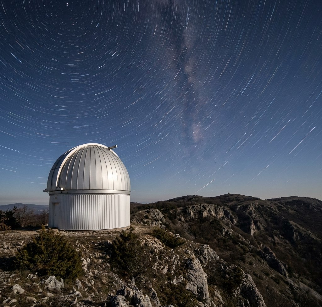 Savremeni posmatrački paviljon Astronomske stanice Vidojevica kod Prokuplja, nastavljač tradicije Beogradske opservatorije. Stilizovana ilustracija iz dostavljenog dokumenta; nije potvrđena istorijska fotografija.