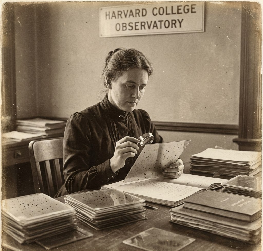 Henrijeta Svon Levit (1868–1921), čije je otkriće relacije period-sjaj za zvezde Kefeide omogućilo precizno merenje kosmičkih razdaljina. Stilizovana ilustracija iz dostavljenog dokumenta; nije potvrđena istorijska fotografija.
