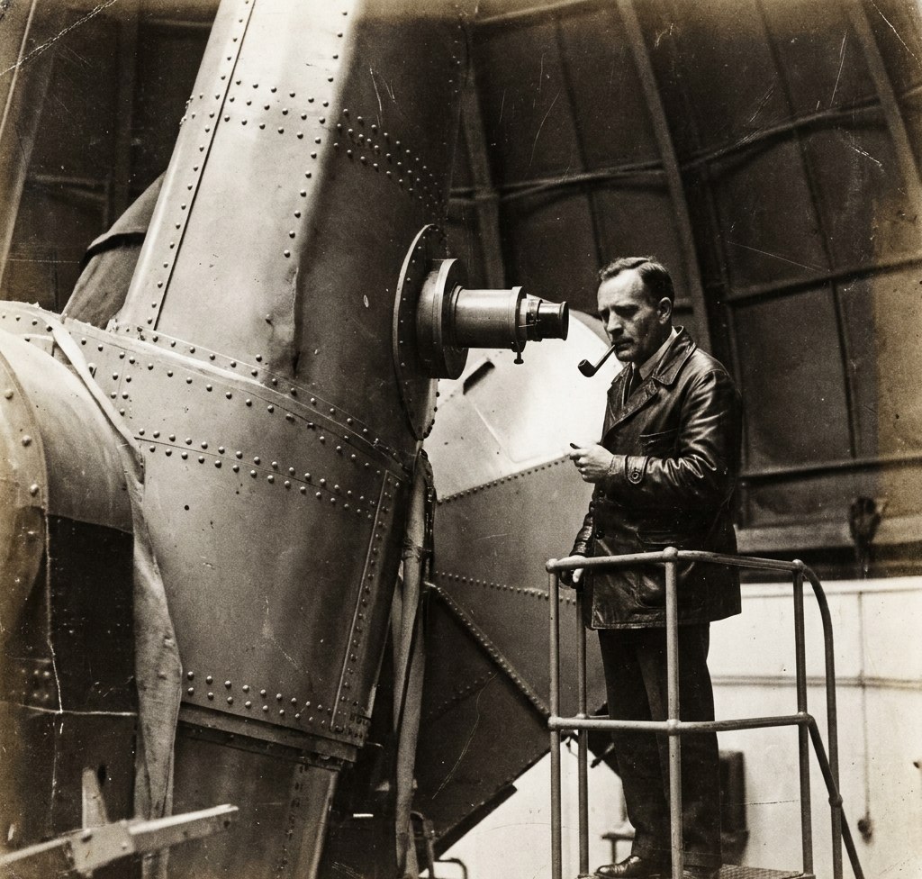 Edvin Habl (1889–1953) za pultom posmatračke kabine teleskopa na Maunt Vilsonu. Stilizovana ilustracija iz dostavljenog dokumenta; nije potvrđena istorijska fotografija.