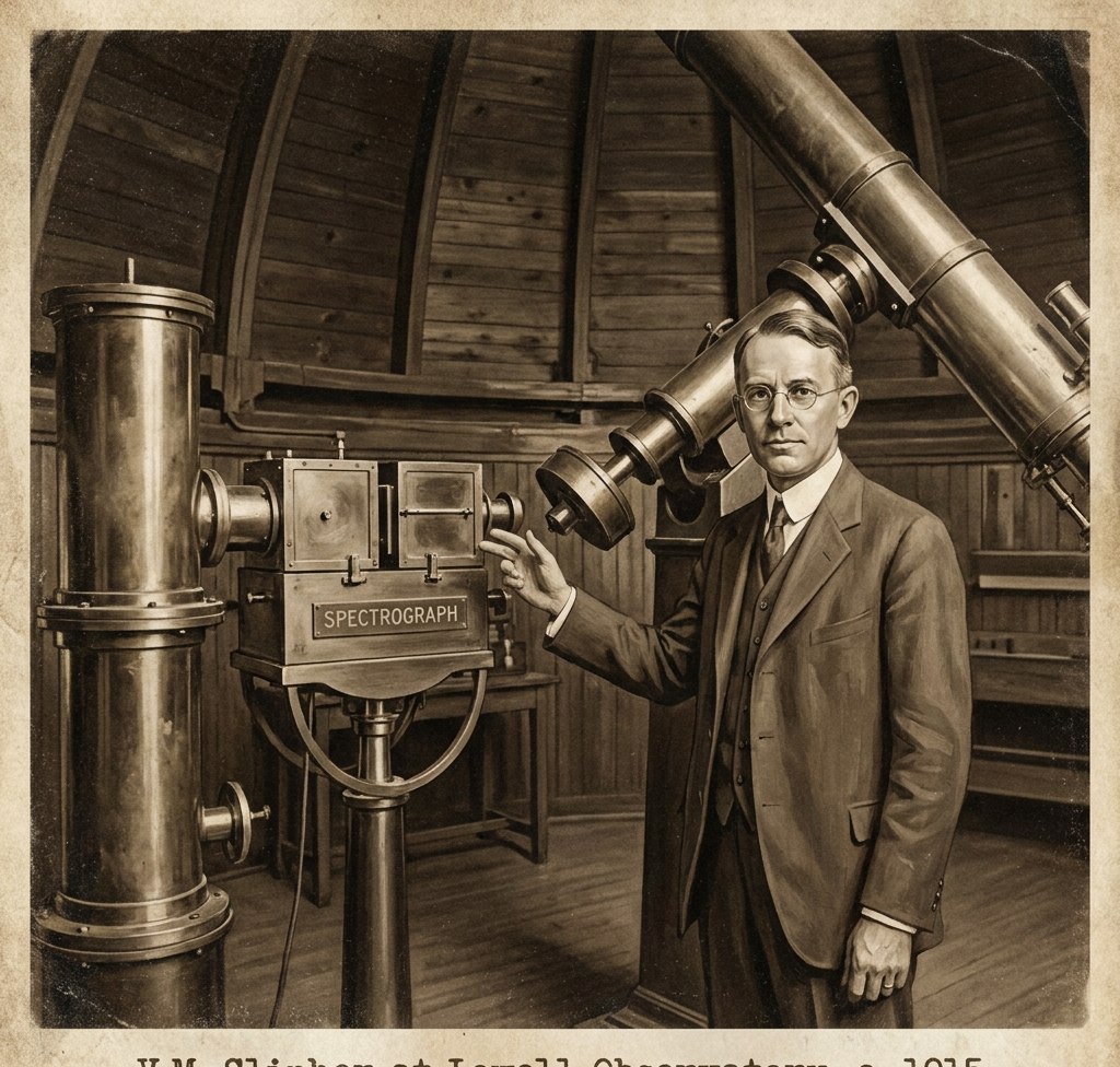Vesto Slajfer (1875–1969), pionir u spektroskopskom merenju crvenog pomaka galaksija. Stilizovana ilustracija iz dostavljenog dokumenta; nije potvrđena istorijska fotografija.