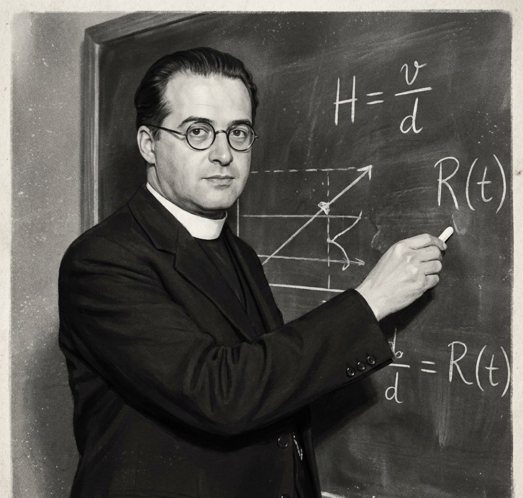 Žorž Lematr (1894–1966), belgijski naučnik i otac teorije o nastanku Svemira iz “Pramaterijalnog jaja”. Stilizovana ilustracija iz dostavljenog dokumenta; nije potvrđena istorijska fotografija.