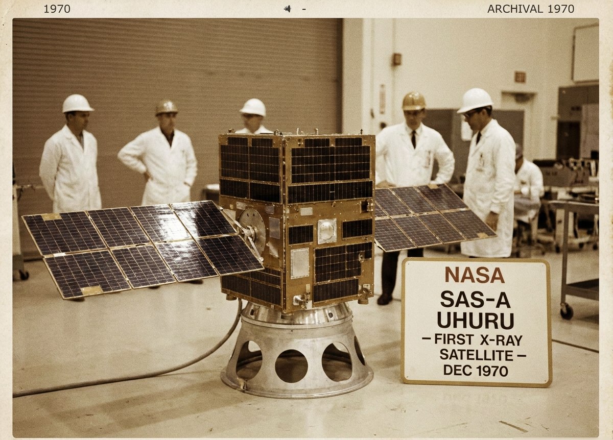 NASA satelit Uhuru (SAS-1) lansiran 1970. godine — prvi specijalizovani orbitalni rendgenski teleskop. Stilizovana ili arhivska ilustracija iz dostavljenog dokumenta; njena istorijska autentičnost nije posebno potvrđena.