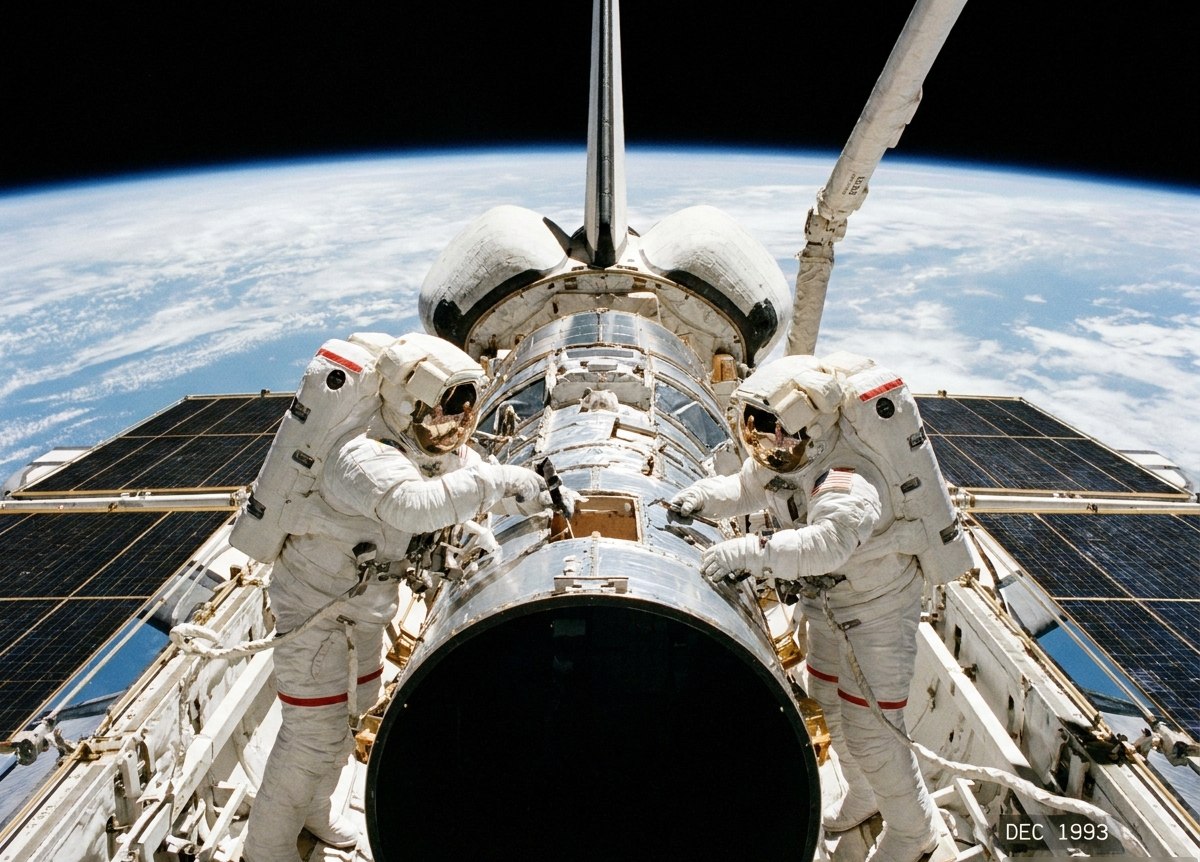 Astronauti vrše servisiranje Hablovog teleskopa u teretnom prostoru šatla tokom istorijske misije STS-61 (1993). Stilizovana ili arhivska ilustracija iz dostavljenog dokumenta; njena istorijska autentičnost nije posebno potvrđena.