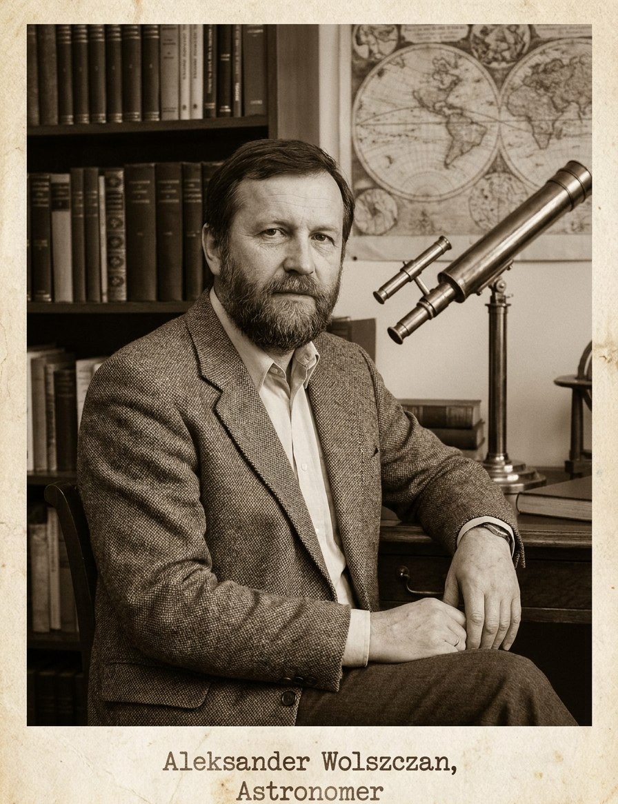 Aleksandar Volsčan — poljski astronom koji je 1992. godine otkrio prve egzoplanete oko pulsara PSR B1257+12. Stilizovana ili arhivska ilustracija iz dostavljenog dokumenta; njena istorijska autentičnost nije posebno potvrđena.